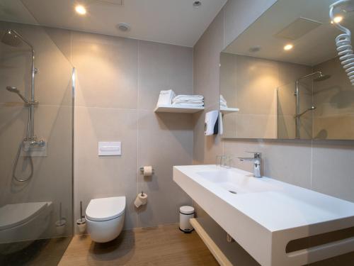a bathroom with a sink and a toilet and a shower at Hotel Trinkete in Elizondo