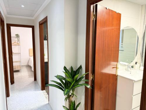 La salle de bains est pourvue d'une porte en bois et d'une plante. dans l'établissement La Paloma del Pilar ComoTuCasa, à Saragosse