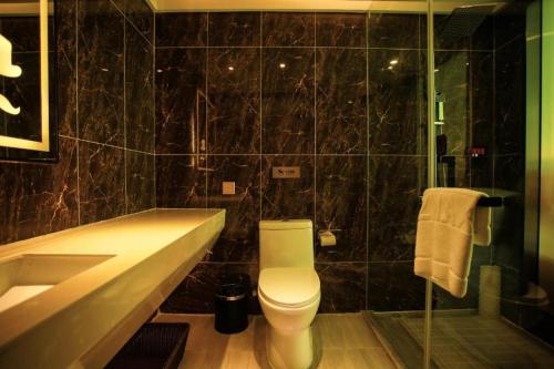 W łazience znajduje się toaleta, umywalka i prysznic. w obiekcie Zmax Lhasa Potala Palace Square w mieście Lhasa