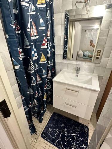 une salle de bain avec un lavabo et un rideau de douche dans l'établissement *cocon*indépendant proche de l’aéroport et gares, à Viry-Châtillon