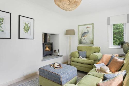 a living room with a couch and chairs and a fireplace at Bramblewood - Cosy chic, hot tub, close to beach in Stokeinteignhead