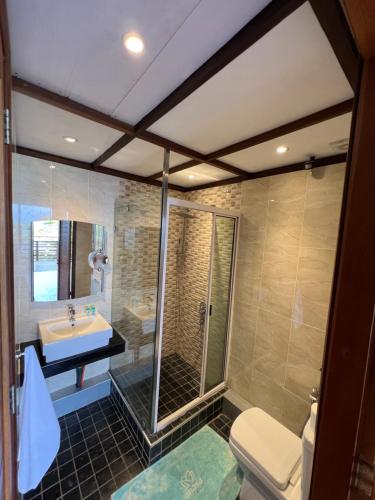 a bathroom with a shower and a sink and a toilet at Blue Bay Beachfront 3 bedrooms Penthouse in Blue Bay
