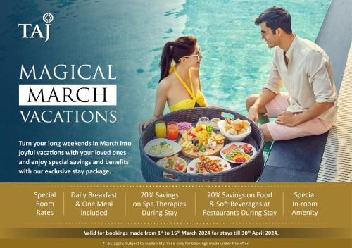Un folleto para un evento de marketing con un hombre y una mujer sentados junto al agua en Mahua Kothi Bandhavgarh - A Taj Safari Lodge en Tāla