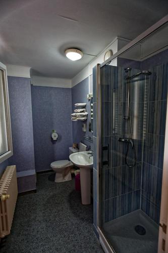 une salle de bain avec une douche, un lavabo et des toilettes dans l'établissement Hotel Au Bon Sejour, à Vitry-le-François