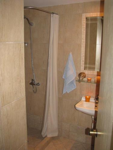 a bathroom with a shower and a sink at Villa Kokkinos in Potos