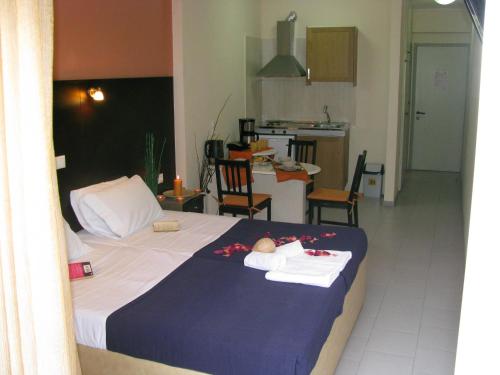 1 Schlafzimmer mit einem großen Bett und einer Küche in der Unterkunft Villa Kokkinos in Potos