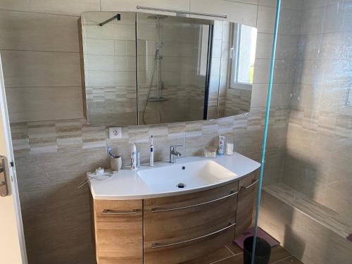 ein Bad mit einem Waschbecken, einer Dusche und einem Spiegel in der Unterkunft Maison 3ch soullans in Soullans