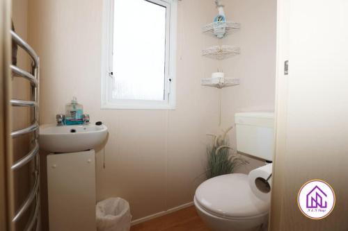 a bathroom with a toilet and a sink and a window at Bumble Bee Lodge, Hoburne Cotswold Holiday Park in South Cerney