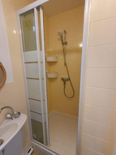 une salle de bain avec douche et lavabo dans l'établissement 2-room apartment with terrace near Paris, à Épinay-sur-Seine