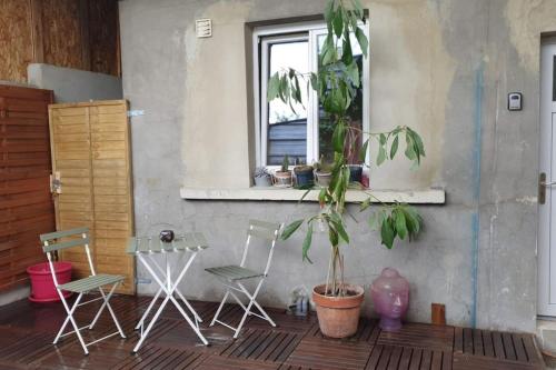 une chambre avec des chaises, une fenêtre et une plante en pot dans l'établissement 2-room apartment with terrace near Paris, à Épinay-sur-Seine