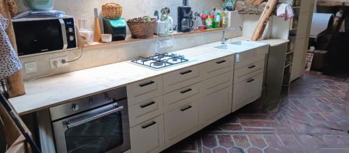 Il comprend une cuisine équipée d'une cuisinière. - un four à micro-ondes dans l'établissement Chambre ou Gîte dans une maison de montagne - De Suzon à Zélie, à Entraigues