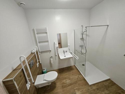 a bathroom with a shower and a toilet and a sink at Restauracja & Hotel Polowczyk 
