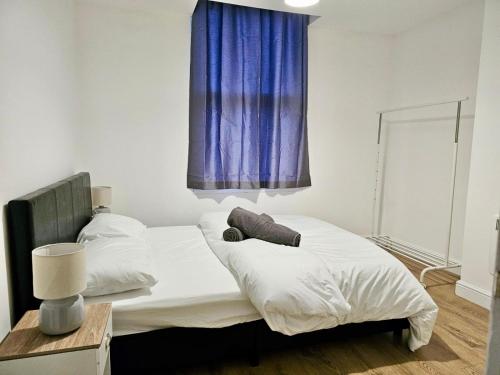 a bedroom with two beds and a blue curtain at Great Value Bath Street Ilkeston Apartment in Ilkeston