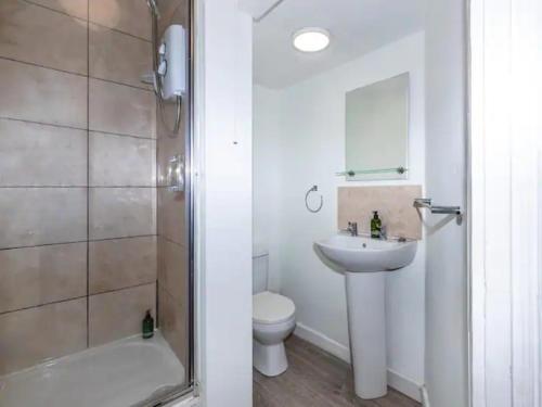 ein Bad mit einem Waschbecken, einem WC und einer Dusche in der Unterkunft Pass the Keys Cosy Haven In Glastonbury: One Bedroom Apartment in Glastonbury