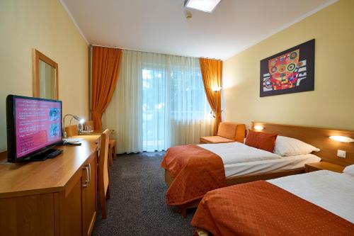 a hotel room with two beds and a flat screen tv at Hotel SOREA REGIA in Bratislava