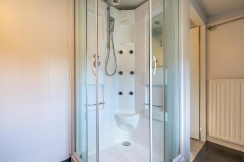 een douche met een glazen deur in de badkamer bij Chalet - Dorpsstraat 25 - Biggekerke 'De Weide Blick' in Biggekerke