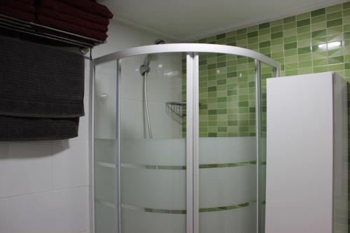 y baño con ducha de cristal y azulejos verdes. en K214 Apartamento Las Dunas Oliva Nova, en Oliva