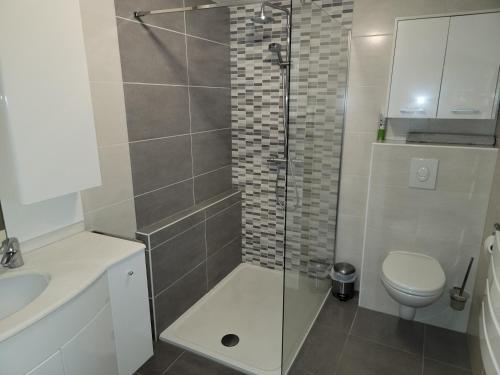 La salle de bains est pourvue d'une douche, de toilettes et d'un lavabo. dans l'établissement L'Orée du Bois, à Dossenheim-sur-Zinsel