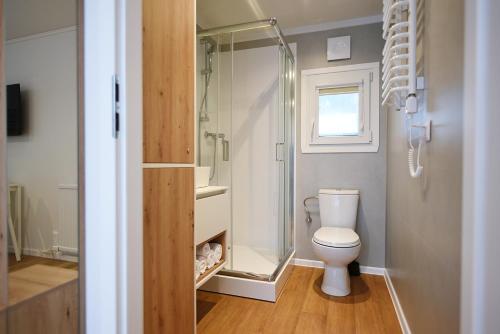 uma casa de banho com um WC e uma cabina de duche em vidro. em Folga Resort em Mrzeżyno