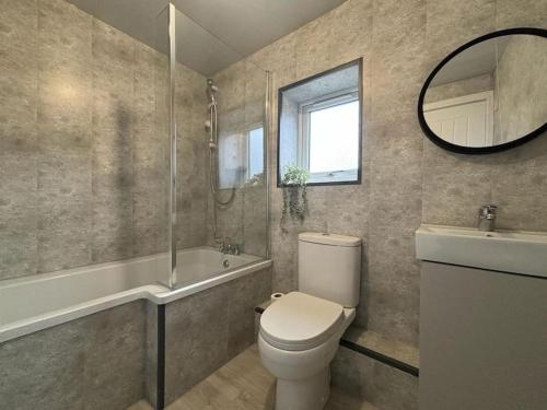 a bathroom with a toilet and a sink and a mirror at Open plan Shrewsbury Townhouse in Harlescott