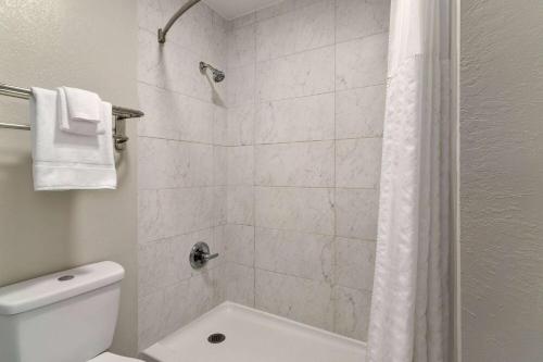 a bathroom with a shower with a toilet and a shower curtain at Days Inn by Wyndham Dillon in Dillon