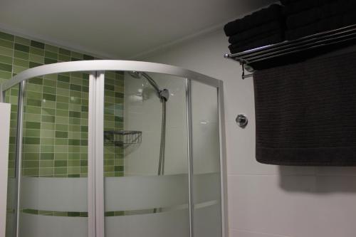 een glazen douche in een badkamer met groene tegels bij S215 Apartamento Las Dunas Oliva Nova in Oliva