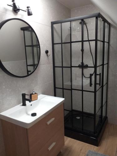 a bathroom with a shower with a sink and a mirror at Kulibaba in Bystrzyca Kłodzka