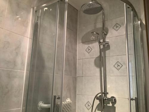a shower with a glass door in a bathroom at Sundown in Paillé