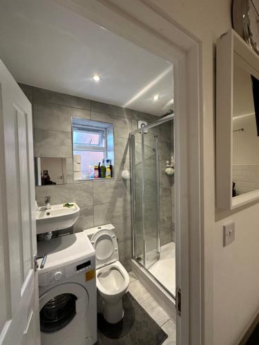 a bathroom with a toilet a sink and a shower at Smart Cosy/Small Double Room in Oakridge Road Bromley in Lewisham