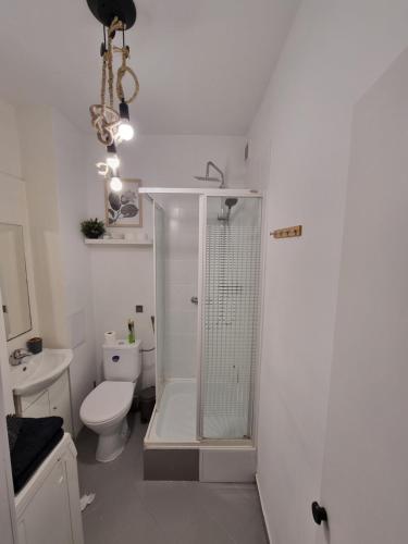 y baño con ducha, aseo y lavamanos. en Apartament in Centre 2 en Bolesławiec