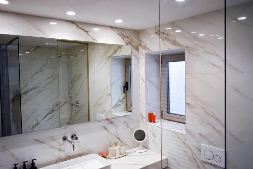 La salle de bains est pourvue d'une douche, d'un lavabo et d'un miroir. dans l'établissement Zeus and Hera Studio, à Athènes