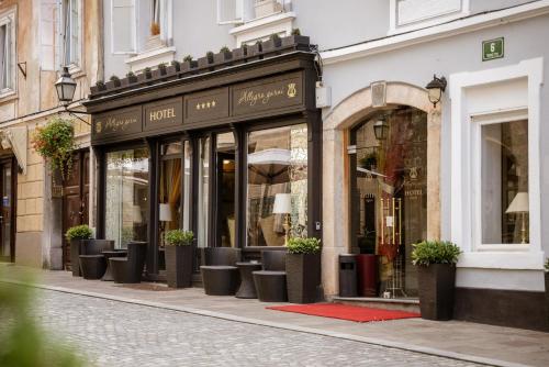 a store front with potted plants on a street at Allegro Hotel in Ljubljana