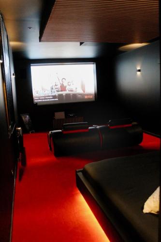 a room with a red carpet and a flat screen tv at Cine47spa in Précy-sur-Oise