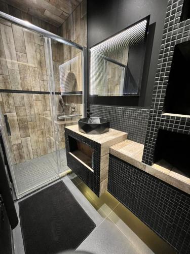 La salle de bains est pourvue d'un lavabo et d'une douche. dans l'établissement Cine47spa, à Précy-sur-Oise