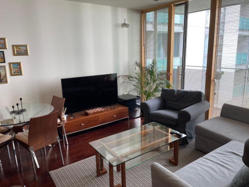 a living room with a couch and a tv at Luxury Apartment close to Convention Centre in Dublin