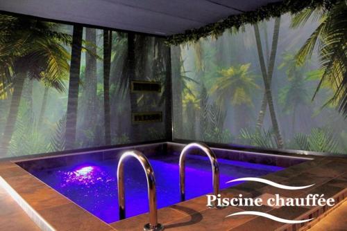 una piscina en una habitación con palmeras en Pool47spa, en Précy-sur-Oise