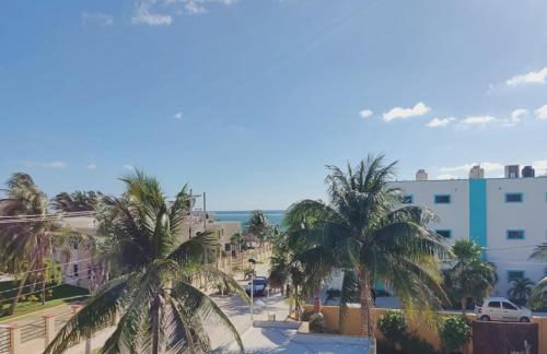 Elle offre une vue sur une rue bordée de palmiers et l'océan. dans l'établissement Studio Norte, Casa Brisamar, à Puerto Morelos