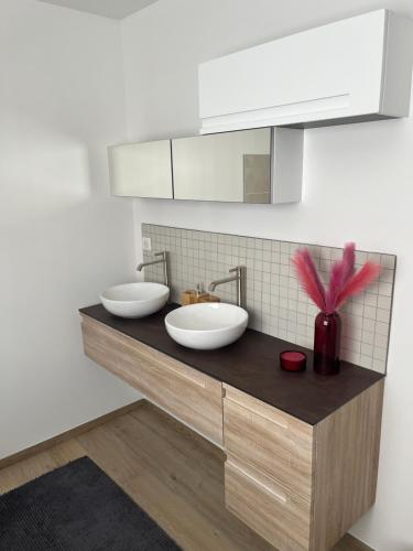 une salle de bain avec deux lavabos sur un comptoir dans l'établissement Superbe Maison avec jardin, à Bezannes
