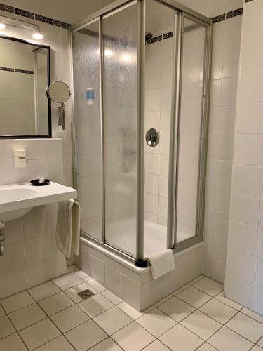a bathroom with a shower and a sink at Hotel Seebach in Großenseebach
