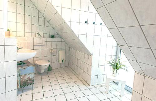 an attic bathroom with a toilet and a sink at Femo SCHICK-modern, Natur, Rothaarsteig, 2Etg, 2Bäder in Burbach