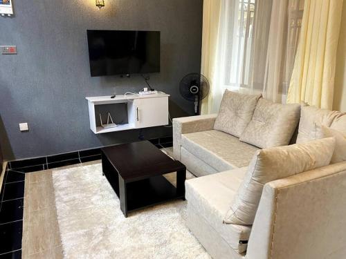 1bedroom@Pacho0725913803 في كيزيمو: غرفة معيشة مع أريكة وتلفزيون