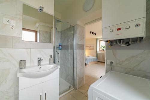 ein weißes Bad mit einem Waschbecken und einer Dusche in der Unterkunft Casa Galya with private patio by GardaDoma in Brenzone sul Garda