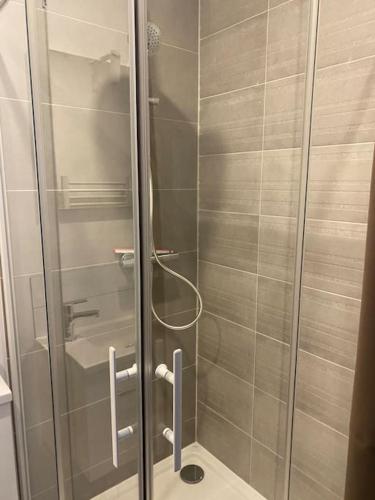 une douche avec une porte vitrée dans une salle de bain dans l'établissement Studio N°2 hyper centre, à Châteaubriant