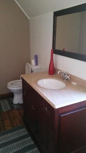a bathroom with a sink and a toilet and a mirror at Greenfields Guesthouse & Restaurant in Alberton