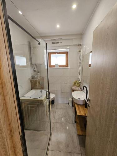 a bathroom with a shower and a sink and a toilet at Sreća Plitvice in Plitvička Jezera
