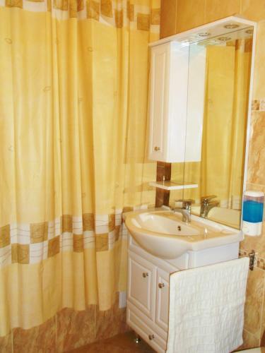 a bathroom with a sink and a shower curtain at Arany Barokk Apartman in Eger
