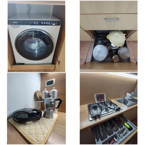 two pictures of a kitchen with a washing machine at Nice apartments lake view & free parking in Pastrengo