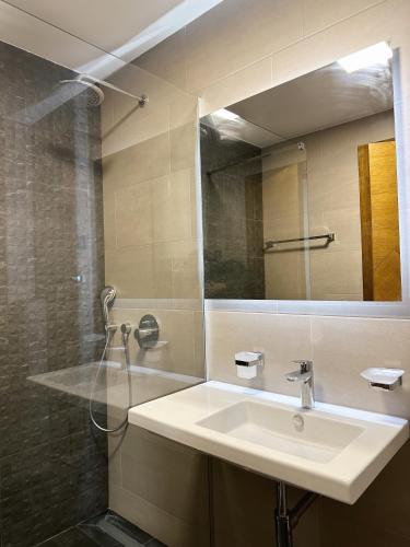 a bathroom with a sink and a mirror at Hill Homes Mal in Podgorica