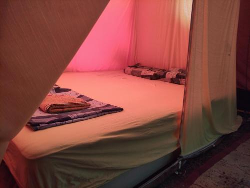 a room with two beds in a tent with pink lights at Different Belgrade camping in Vrčin