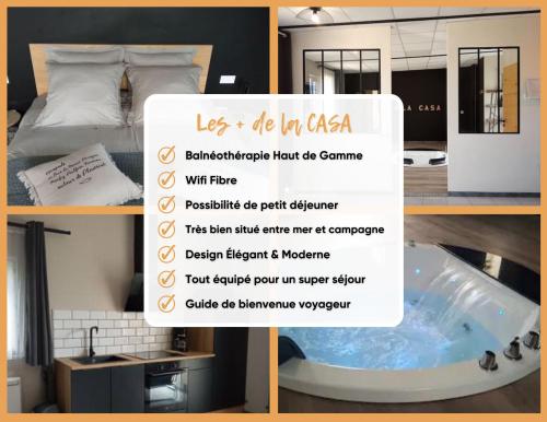 a collage of pictures of a room with a tub at La Casa du Dolmen Clara, balnéo privée, entre terre et mer in Plounévez-Lochrist